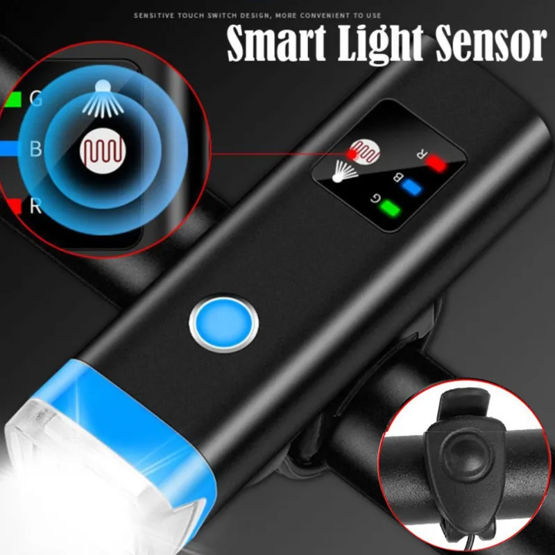 

Велосипедный Головной фонарь с зарядкой через USB светильник онарь с интеллектуальным датчиком, передняя лампа с 4 режимами освещения, свети...