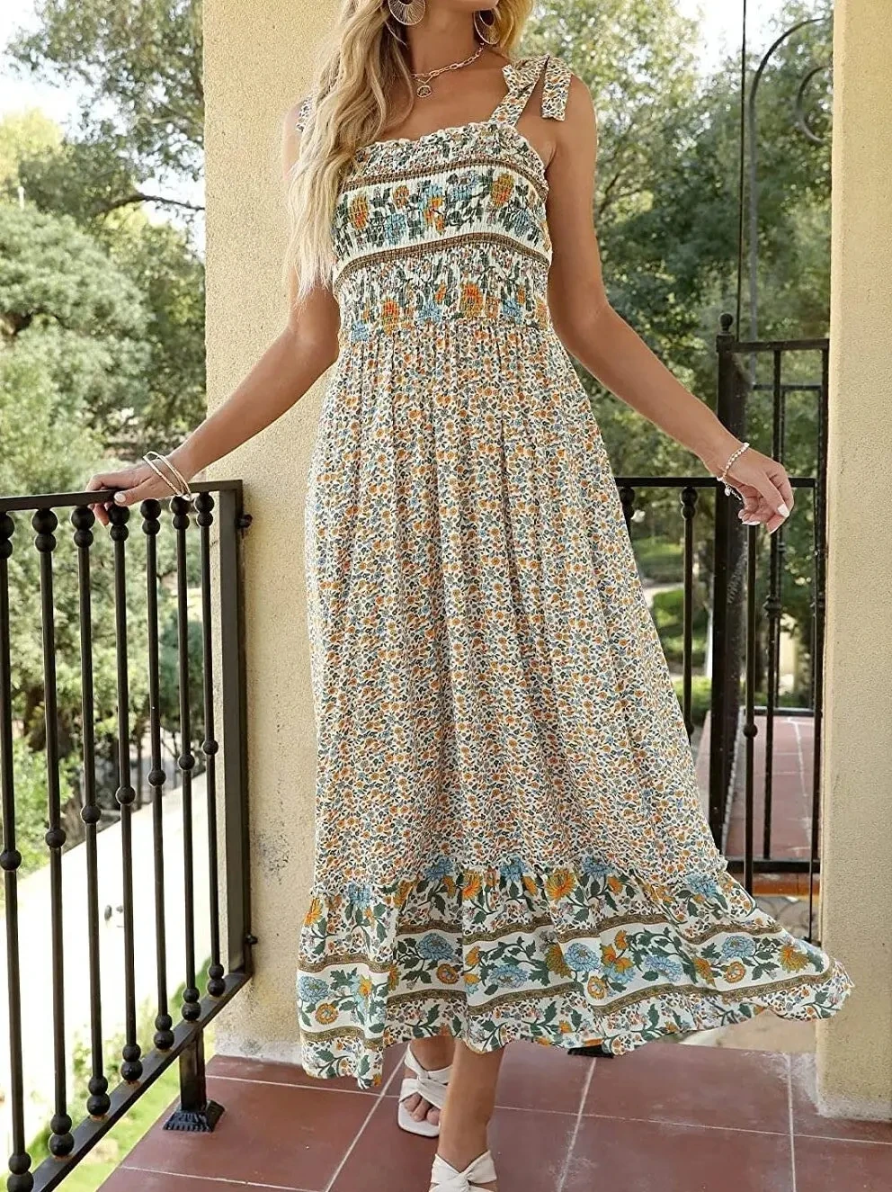 Женское длинное платье с богемным принтом свободное Повседневное лямкой на шее в