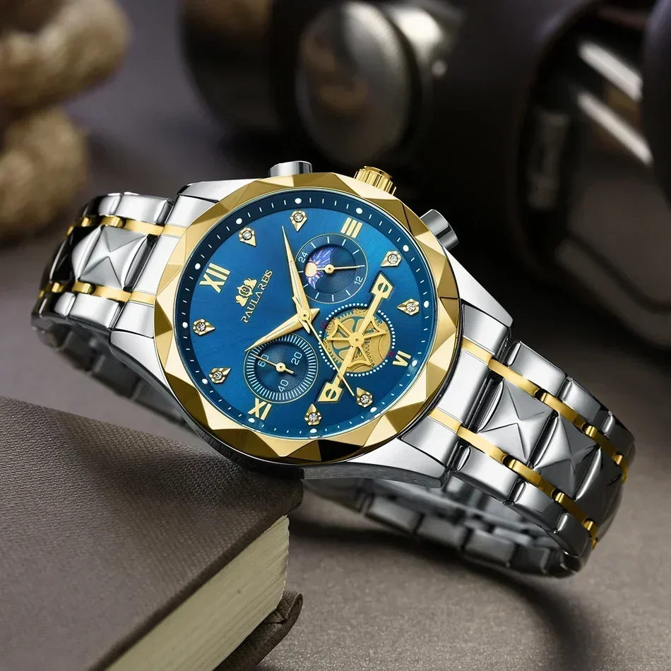 Светящийся хронограф золотой синий зеленый кварцевый Повседневный