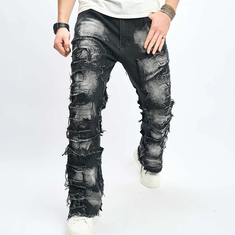 Мужские Винтажные джинсовые брюки с необработанной отделкой потертые прямые