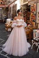 boho off shoulder wedding dresses sweetheart blush pink tulle lace appliqued a line sweep train bride gowns elegant custom made