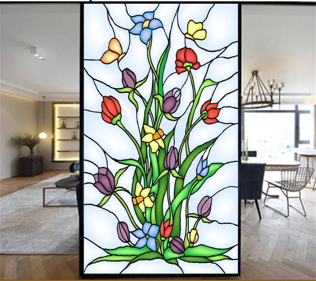 Static Cling Privacy Windows Film Orchid Grass Stained Glass Window Stickers Decorative Frosted Films