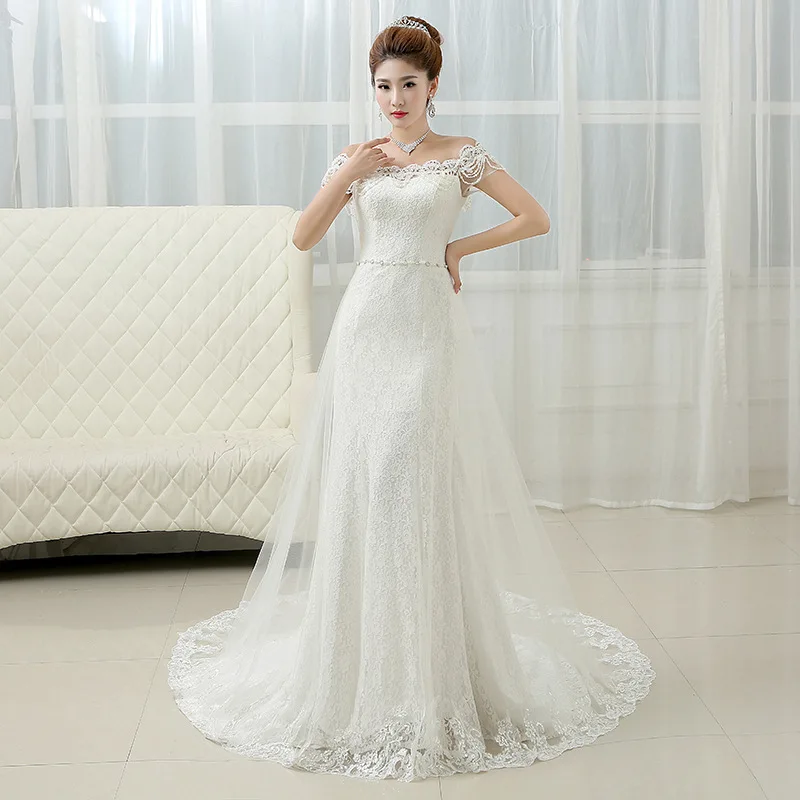 

2023 New Bridal Fashion Korean off-Shoulder Fishtail Trailing Wedding Dress Women's Tight Waist Slim Wedding Dress