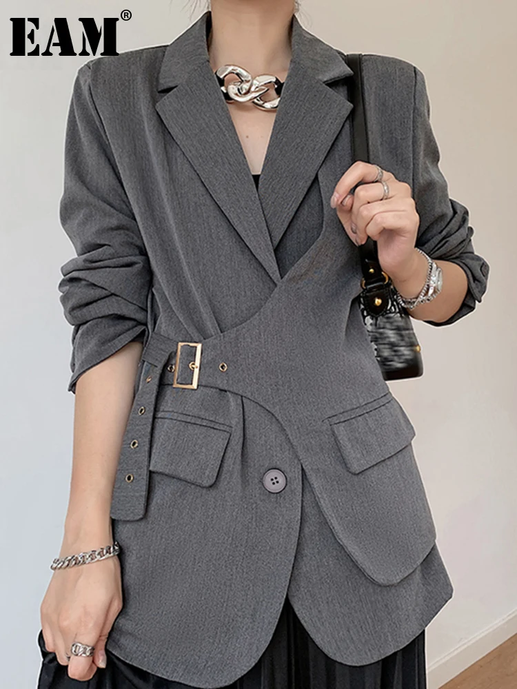 

[EAM] Women Gray Irregular Big Size Blazer New Lapel Long Sleeve Loose Fit Jacket Fashion Tide Spring Autumn 2023 1DC042
