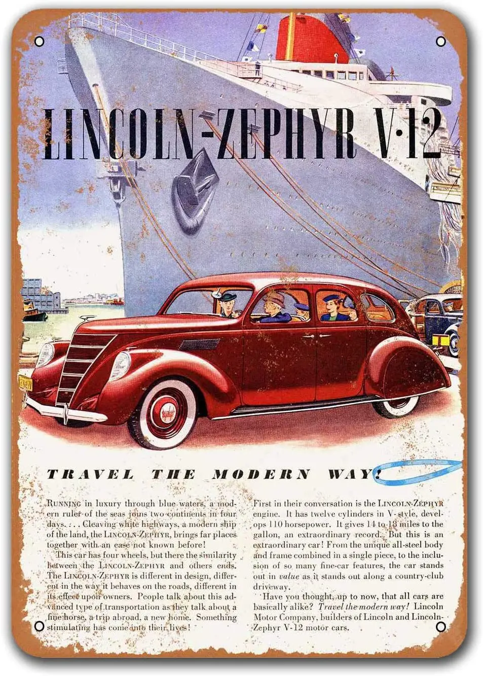 

1937 Lincoln Zephyr V-12 Automobiles Car Tin Signs Vintage, Sisoso Metal Plaques Poster Bar Man Cave Retro Wall Decor