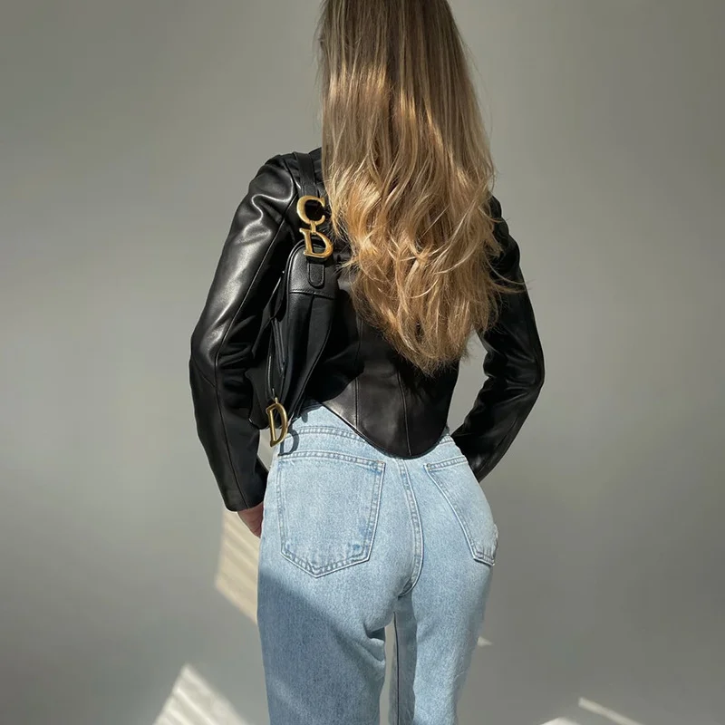 Streetwear 2022 New Fashion Women's Long-sleeved Single-breasted Jacket Suit Collar Slim Cardigan Ladies PU Leather Jacket