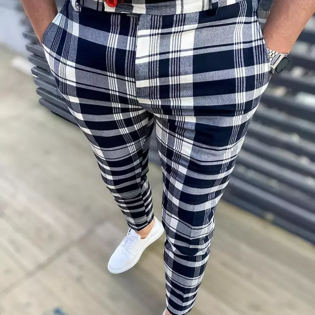 

Handsome Colorfast Contrast Colors Plaid Mid Waist Slim Fit Wear-resistant Spring Pants for Work New Men's Clothing Pants