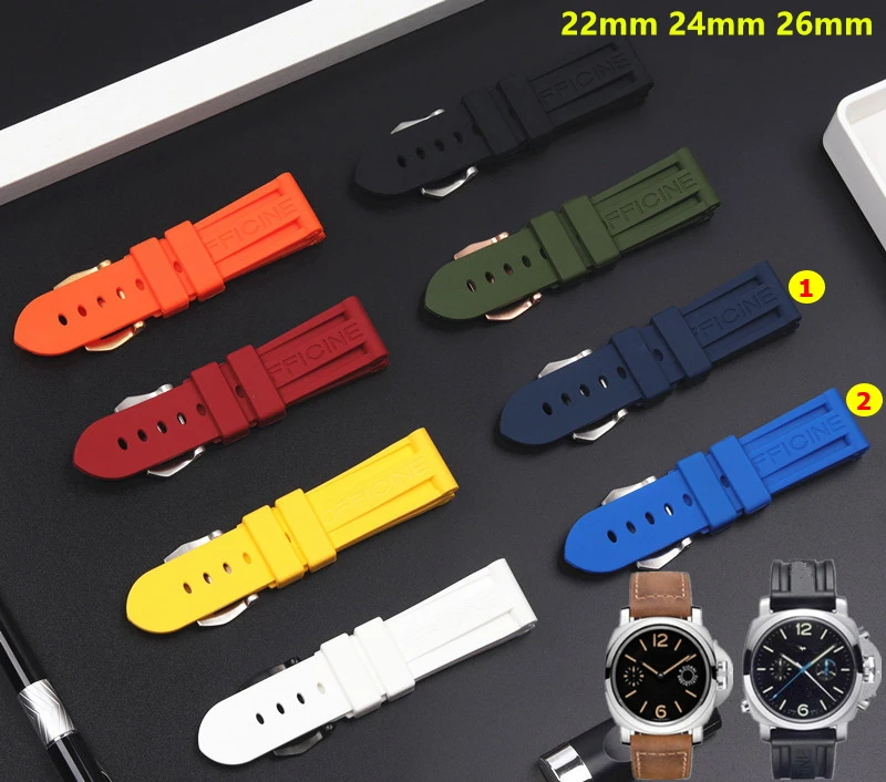 

22mm 24mm Black Blue Red Orange white army green watch band Silicone Rubber Watchband fit For Panerai Strap needle buckle