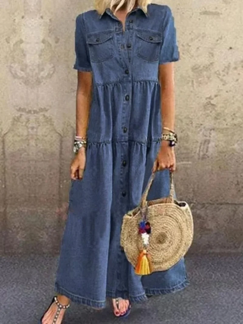 

Long Solid Mercerized Denim Pleated Short Sleeve Shirt Dress Fashion New Style Summer Splicing Cardigan Vintage Long Dress Y2k