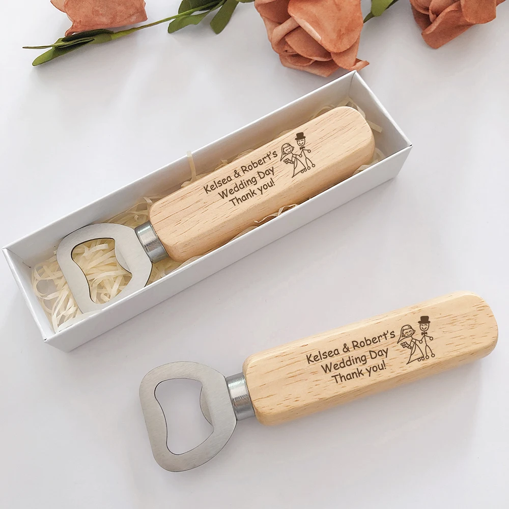 10pcs Personalized Wedding Favor Engraved Wood Bottle Openers Wedding Party Souvenir Groomsmen Gift Custom Beer Opener with Box