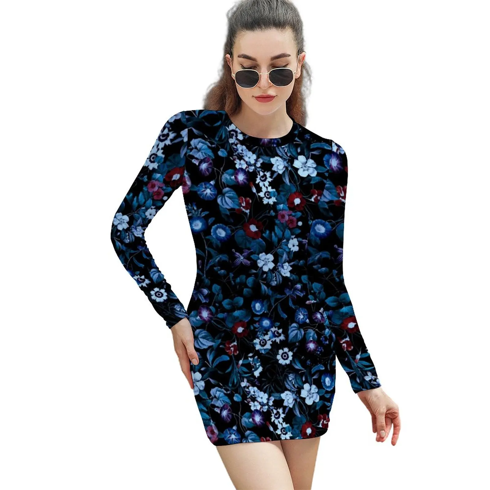 

Tropical Floral Dress Female Night Garden Retro Print Bodycon Dress Spring Long Sleeve Cute Dresses Pattern Oversized Vestido