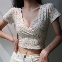 plus size indie women cottagecore floral print ladies tops female clothing 2021 summer fashion sexy v neck short sleeve crop top