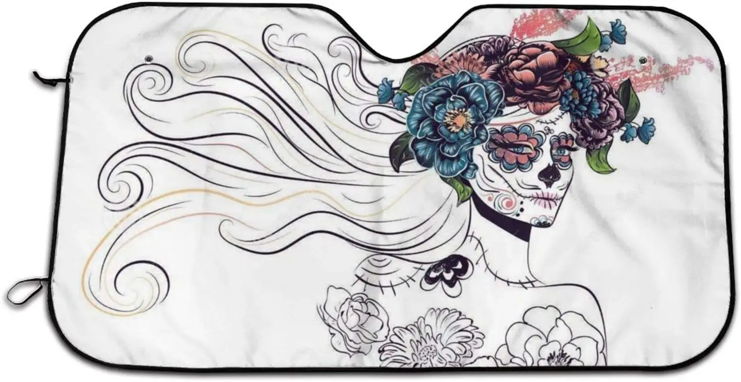 

Flower of A Girl with A Sugar Skull Windshield Sun Shade Car Sunshade Universal for Cars SUV Truck, Anti Glare Sun Visor Blocks
