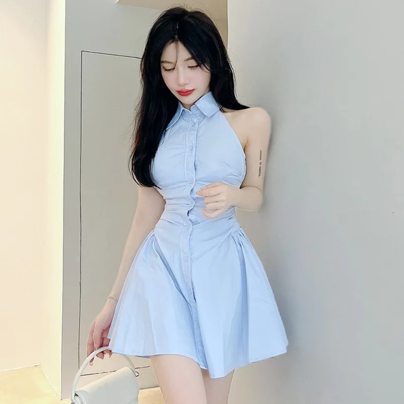 

French Style Shirt Dress 2022 Summer Sleeveless Slim Tunic Short Mini Dress Normcore A Line Buttons Up Simple Dress for Women