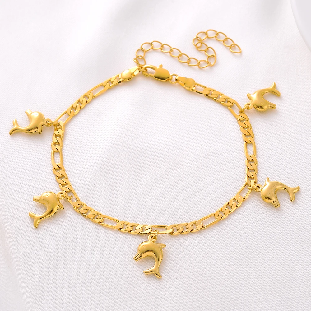 

24K 21cm Gold Plated Charm Dolphin Shaped Anklet Bracelets Ethiopia Africa India USA For Man Women Jewelry Wedding Party Gift
