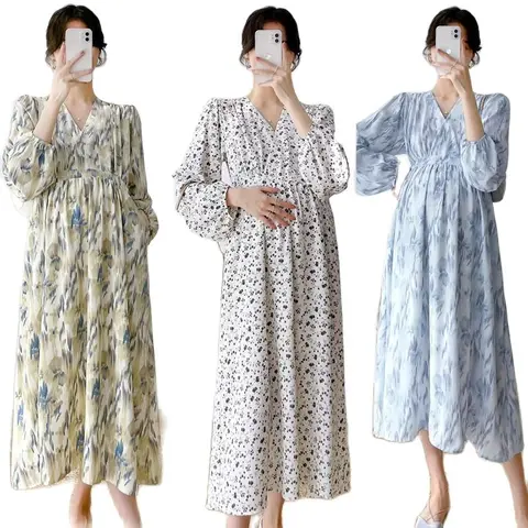 Spring Maternity V-neck Shirts High Waist Pregnant Woman Beach Dresses Fashion Printing Loose Pregnancy Chiffon Holiday Clothes