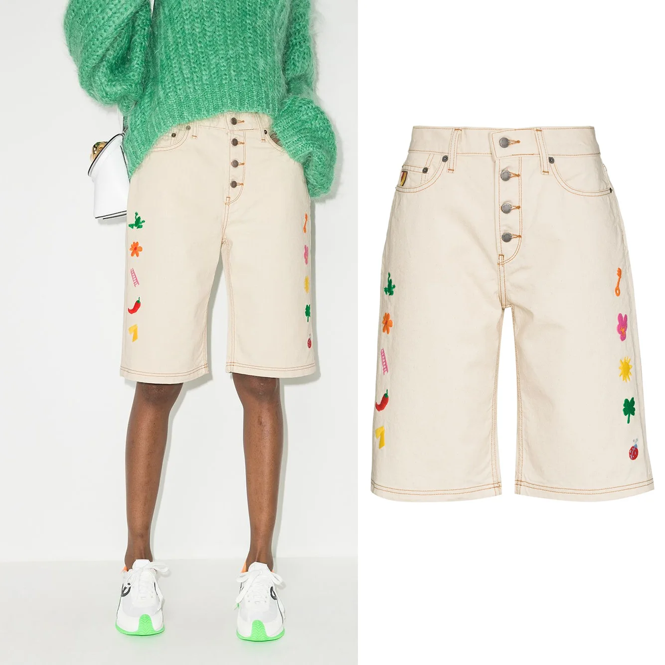 

Women Shorts Embroidery Knee-length High Waist Single Breasted Straight Pants Casual