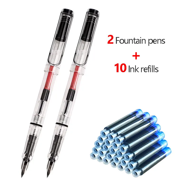 

2 + 10Pcs Fountain Pens Set 0.38mm EF Tip Of Black, Blue, Red Kawaii Pen School supplies Replaceable Ink Case Office Stationery