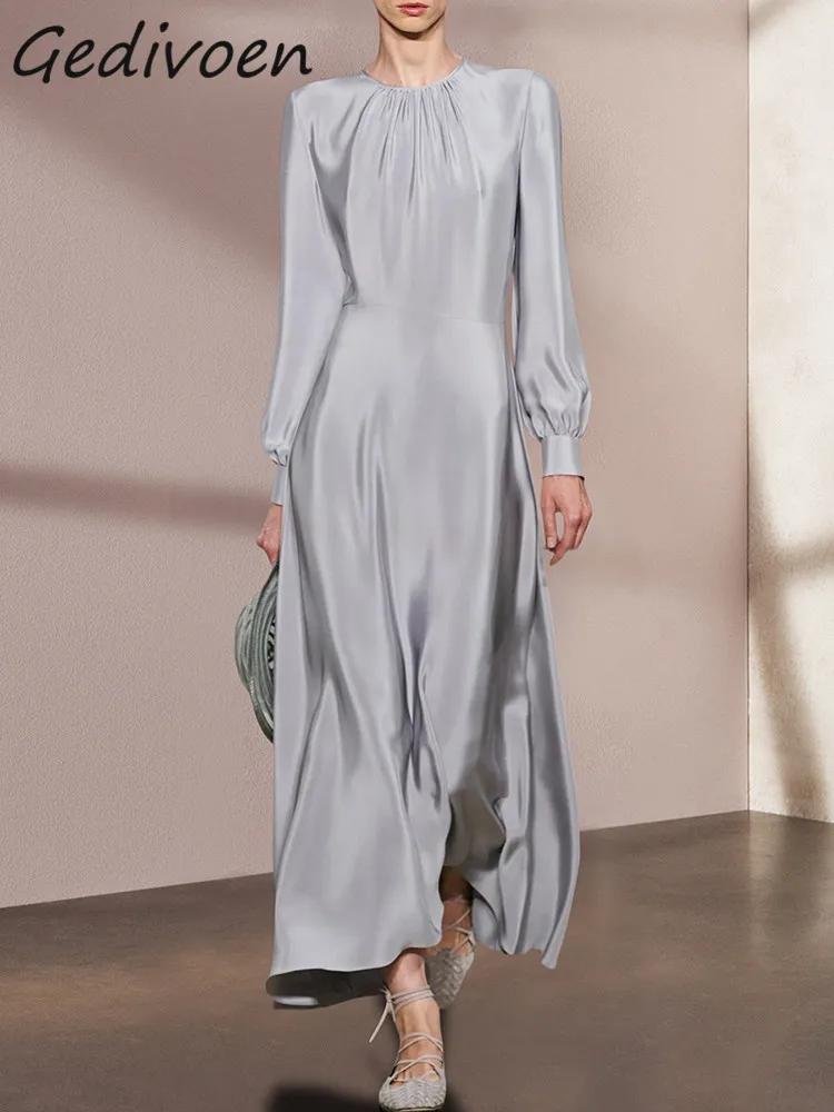 Gedivoen  Summer Fashion Designer Vintage Dress ​Women's Lantern Long Sleeve Grey Gathered Waist Ruched Party ​Slim Midi Dress