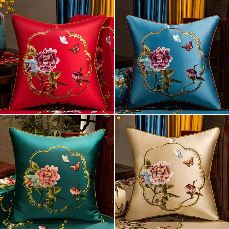 

Chair Cushion Classical Pillow Sofa Cushion Cover with Core Large Back Peony Flower Embroidery Pillow Waist Pillow Customization