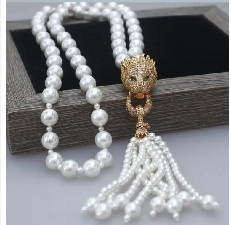 10-3mm south sea pearl necklace Leopard panther Head Zircon Natural Shell Pearl Chain Tassels Fashion Jewelry Necklace