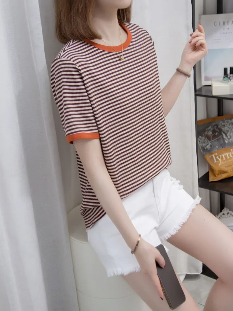 

Oversized Shorts Leeve T-shirts T-shirt Female Summer Striped Loose 100kg Women Soft Tshirts Korean Style Large Tops Tees