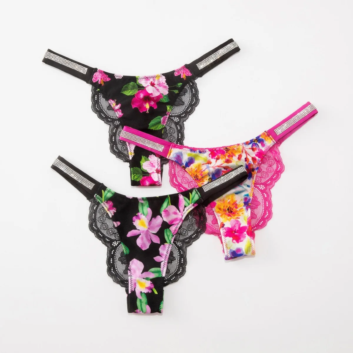 

European and American Sexy Thong Colorful Print Hot Diamond Shine Sexy Lace Lace Breathable Women's Panties Fashion Atmosphere