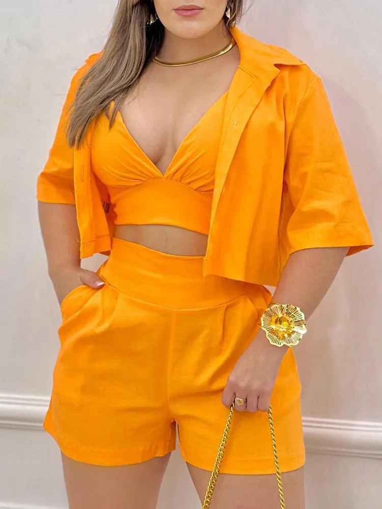 

MKDLUFI 3 шт. короткий топ и шорты Комплект с рубашкой