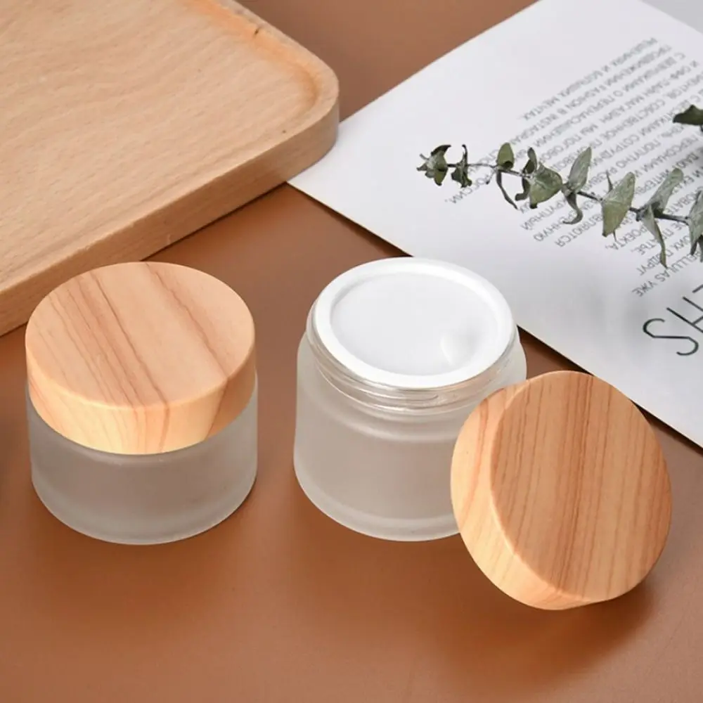 Transparent Frosted Glass Empty Jar Pots Cosmetic Makeup Wood Lid Face Cream Lip Balm Container Refillabe Bottle