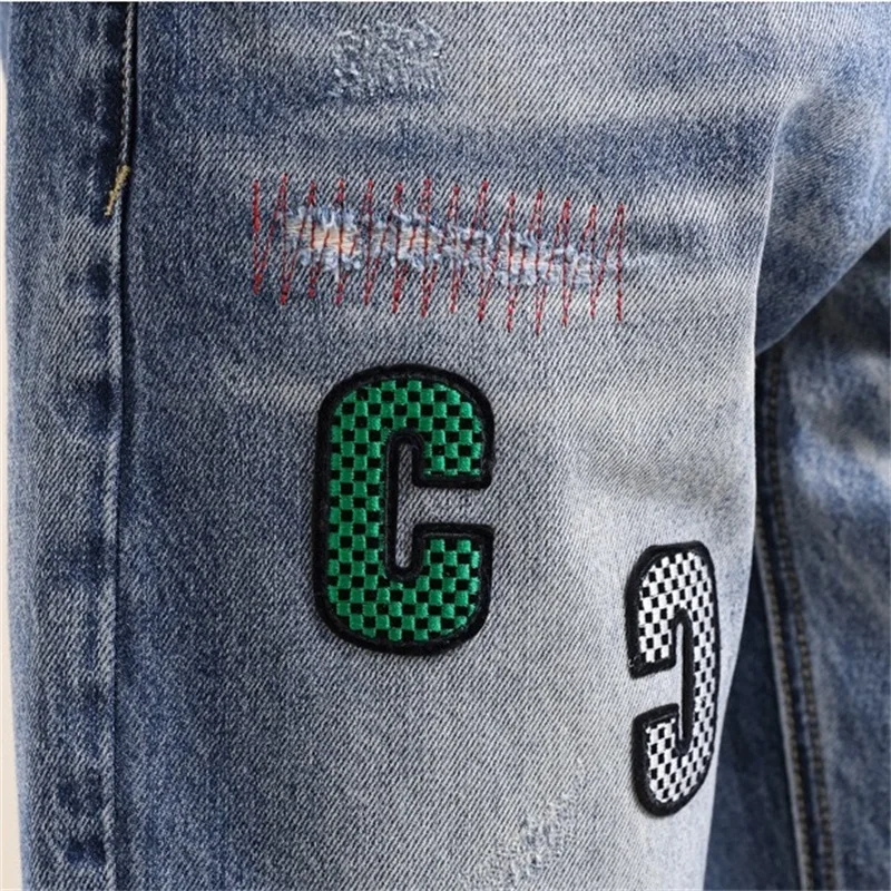 EH·MD® Leather Micro Chapter Embroidered Denim Shorts Men's Summer Light Blue Letter Decoration Cotton Slim Pants Trend High End