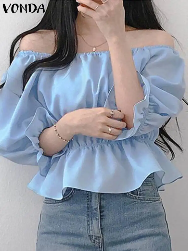 

Autumn Shirts Women Sexy Off Shoulder Crop Tops 2022 VONDA Casual Ruffled Blouse Bohemian Party Tops Party Blusas Feminina