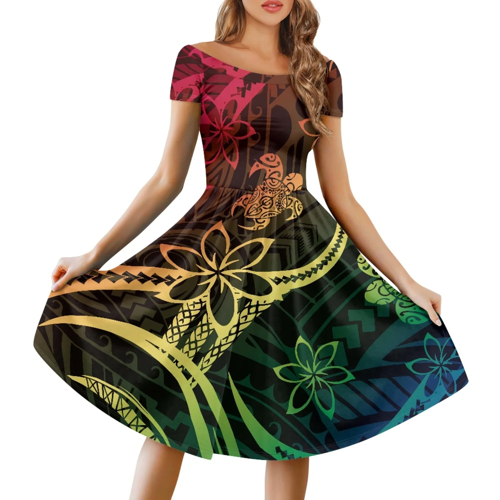 

Polynesian Tribal Tongan Totem Tattoo Tonga Prints New Polyester Round Neck Off-The-Shoulder Dress Bonfire Party Turtle Print