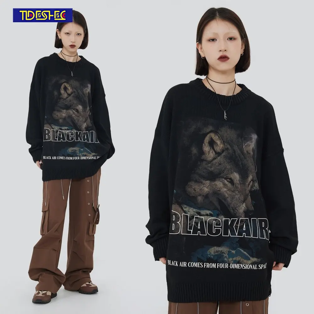 

Harajuku HIP HOP Knitted Broken Hole Design Sweater Vintage Letter Wolf Prints Oversize Warm Winter Pullovers for Men Women