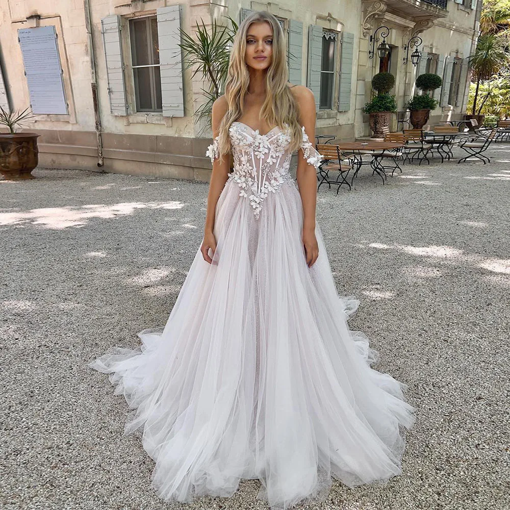 

Boho Wedding Dress 2022 Sweetheart Off The Shoulder Flowers Appliques Bridal Gowns Crystal Vintage Vestido De Noiva Custom Made