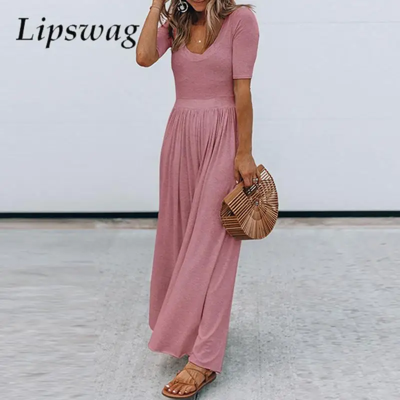 

Casual Women O Neck Beach Jumpsuit 2023 Summer Fashion Short Sleeve Romper Playsuit Female Vintage Pleat Wide Leg Solid Overalls
