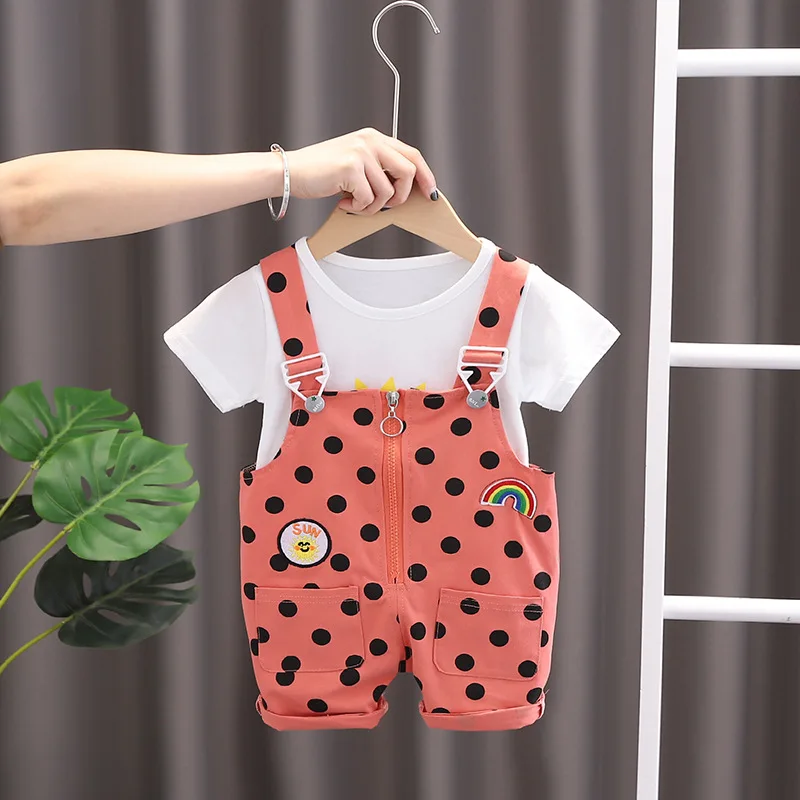 

Girls Set Summer New Baby's Two Piece Set Kids Summer Cotton Sun Flower Short Sleeve T-shirt+Dot Strap Pants Set Fashion 2pcs