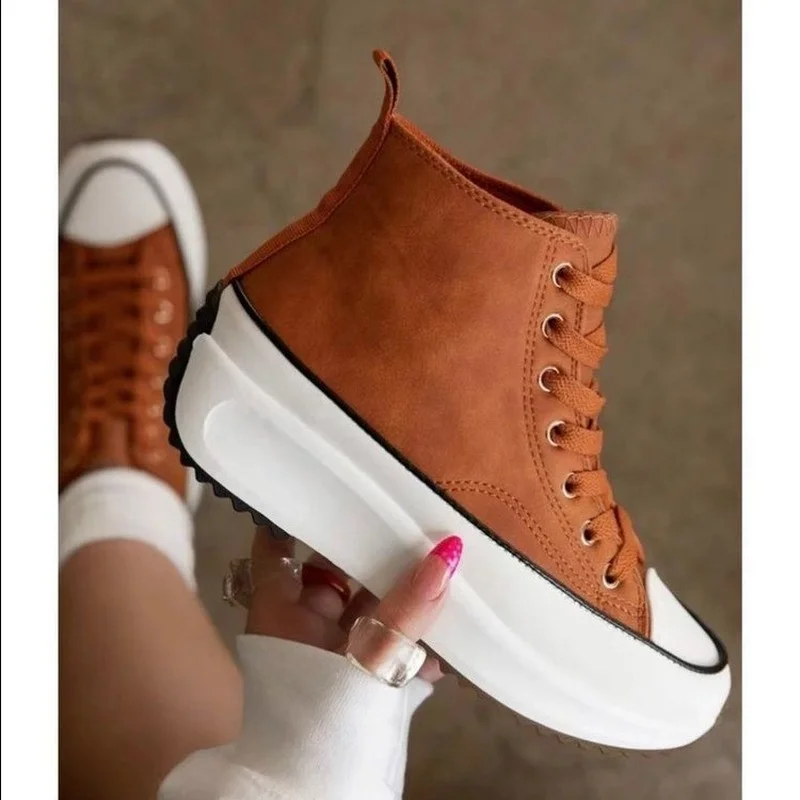 

New women's shoes fashion casual trend solid color canvas high-top leather platform comfortable all-match sneakers Women's shoes