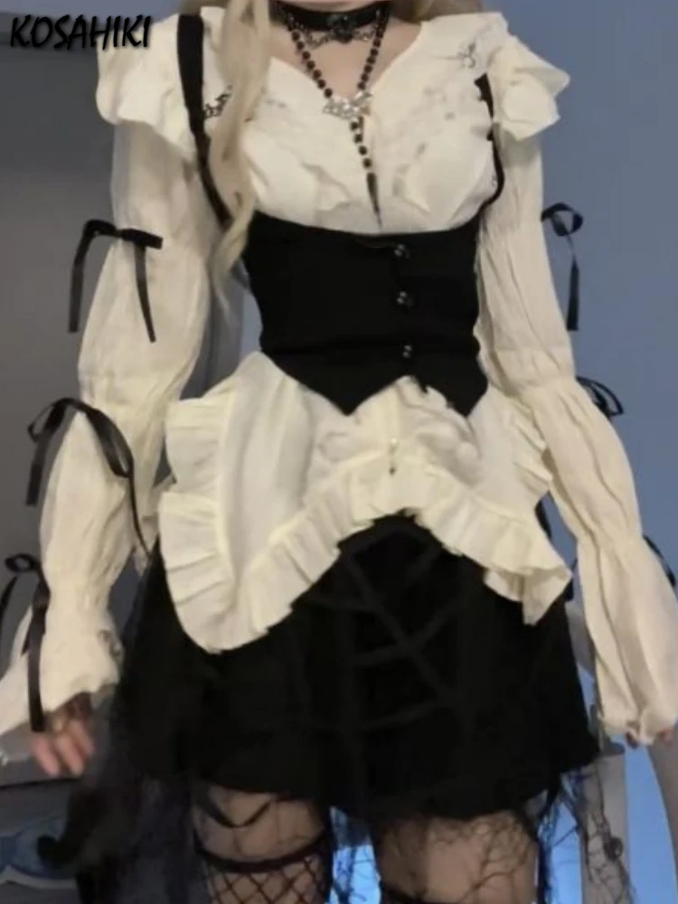 Милые комплекты из 3 предметов женская рубашка Харадзюку с нерегулярными рюшами +