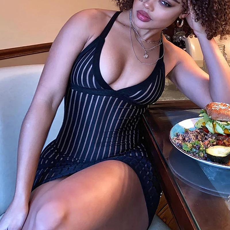

Stripe Mesh See Through V-neck Sleeveless Slip Dress Spring 2022 Sexy Backless Mini Dresses for Women Party Club Outfits
