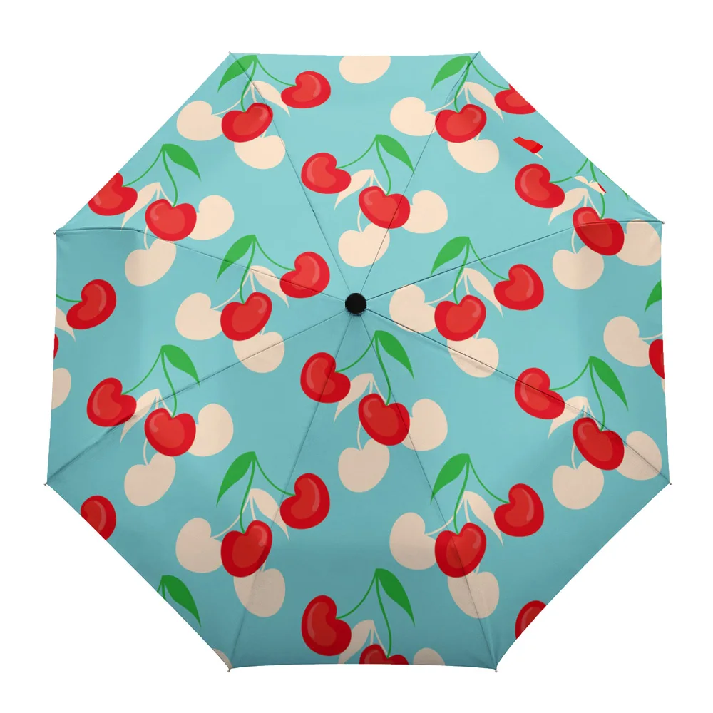 

Red Cherry Fruit Automatic Umbrella Men Women Rain Windproof Outdoor Travel Sun Three Folding Umbrellas 8 Ribs Gift Parasol