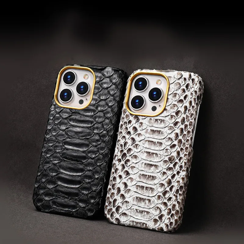 

Genuine Python Boa Skin Armor Case For iPhone 14 Pro Max Plus 13 Metal Gold Camera Ring Real Snakeskin Leather Shockproof Cover