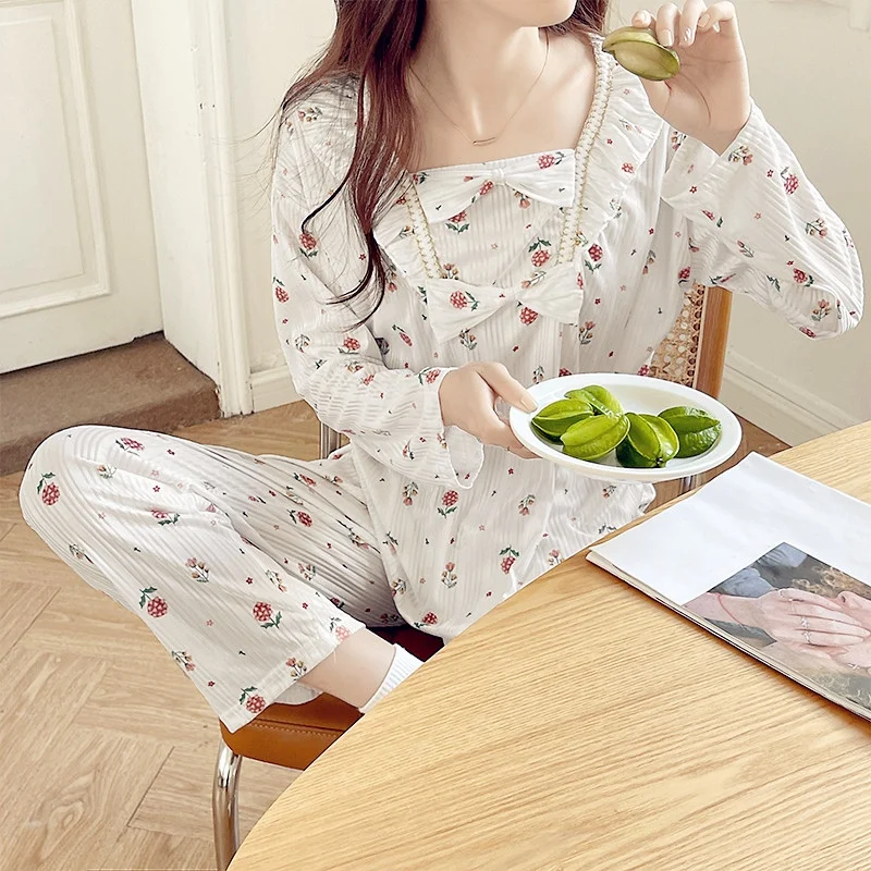 

2022 Autumn Cotton Print Long Sleeve Pajama Sets for Women Korean Cute Sleepwear Suit Pyjamas Homewear Pijama Mujer Home Clothes