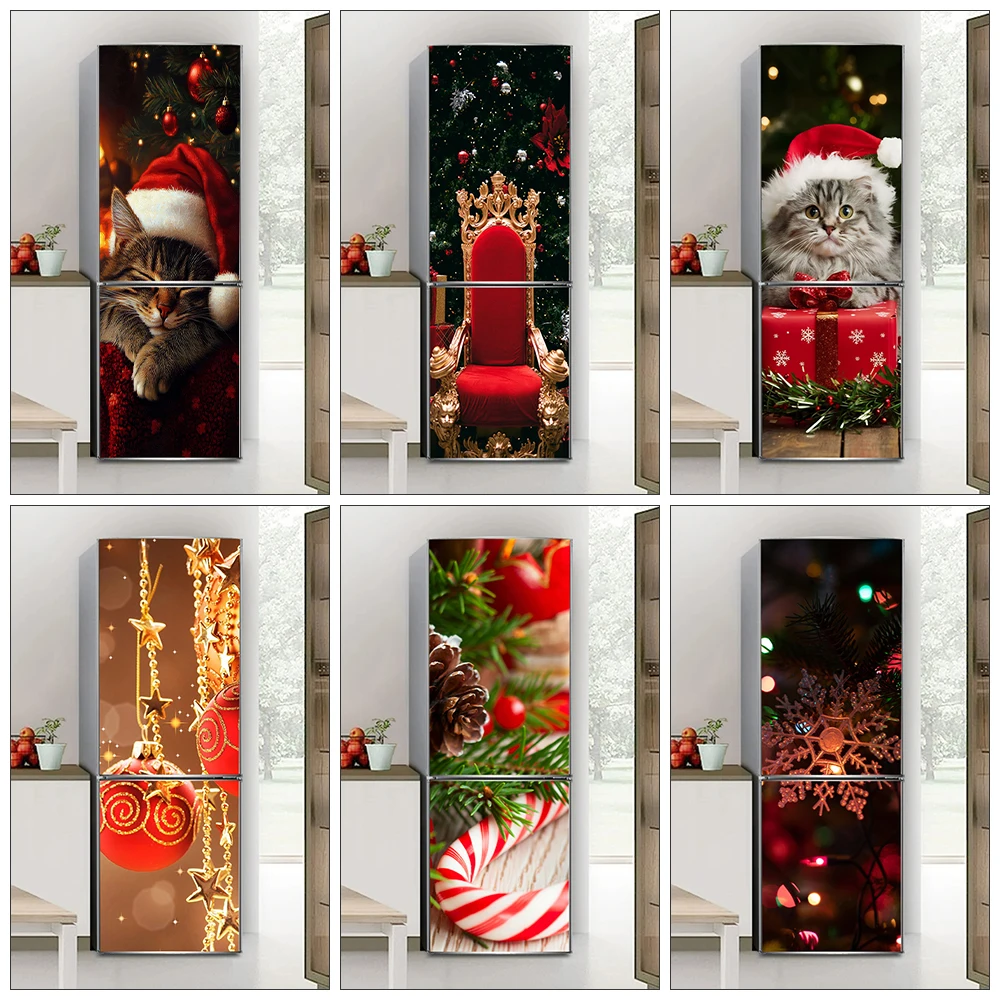 Creative Cute Kitten Wearing Christmas Hat Wall Art Mural for Kitchen Refrigerator Door Wrap Cover Xmas Candy Bar Cat Poster