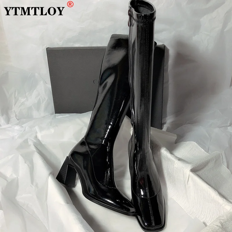 

Autumn Winter Women Leather Knee High Boots Square Metal Toe Chunky Heels Lady Riding Boots Female Motorcycle Bota De Mujer
