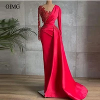 oimg exquisite red silk satin evening dreses sheer neck lace applique beads dubai women prom gowns formal celebrity dress custom