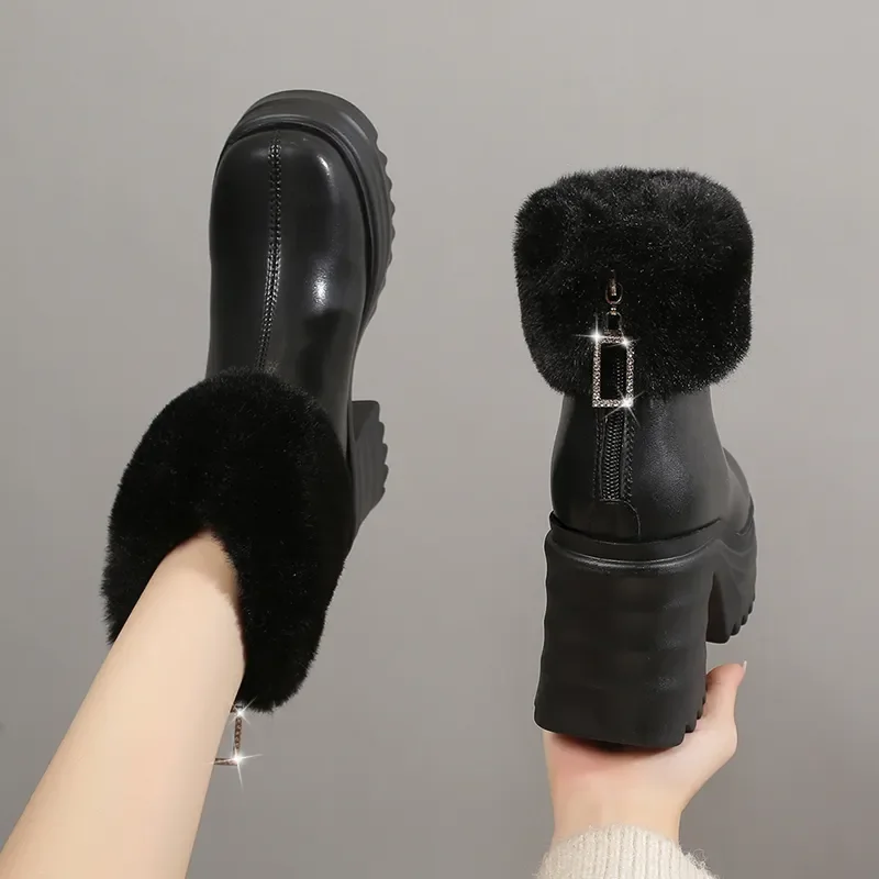 

Женские ботильоны из искусственного меха на высоком массивном каблуке, зимние теплые плюшевые ботинки на платформе, женские нескользящие ботинки из искусственной кожи на молнии, 2023