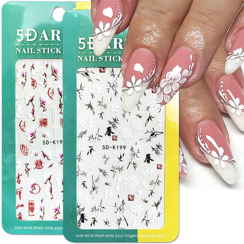 

Flower Nail Stickers 5D Embossed Cherry Blossom Spring Floral Nail Decals Chinese Characters Nail Decorations Women DIY Nail Art