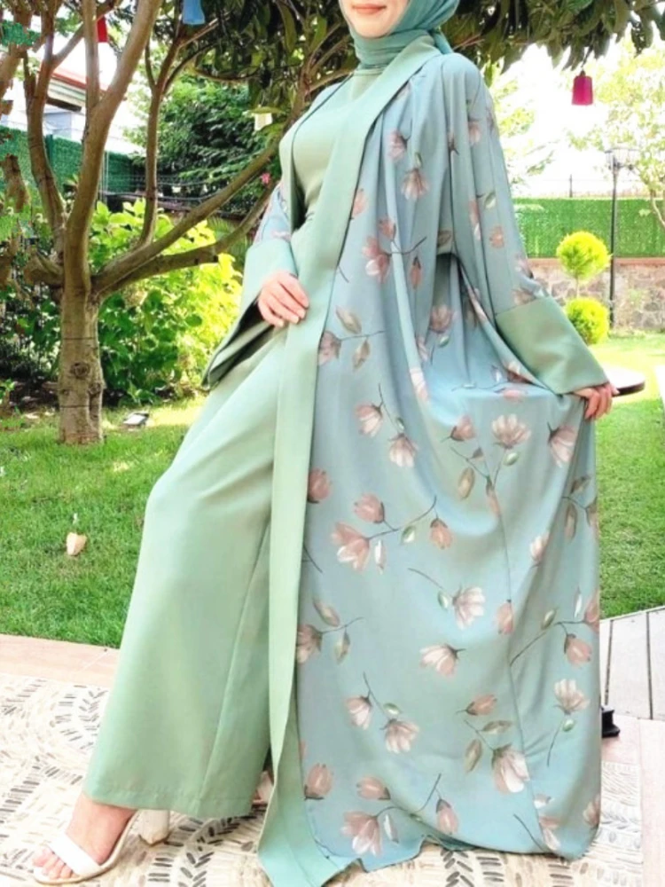 Ramadan Muslim Open Abaya Matching Jumpsuit 2 Piece Set Eid Abayas for Women Dubai Turkey Islam Outfit Party Hijab Dress Kaftans