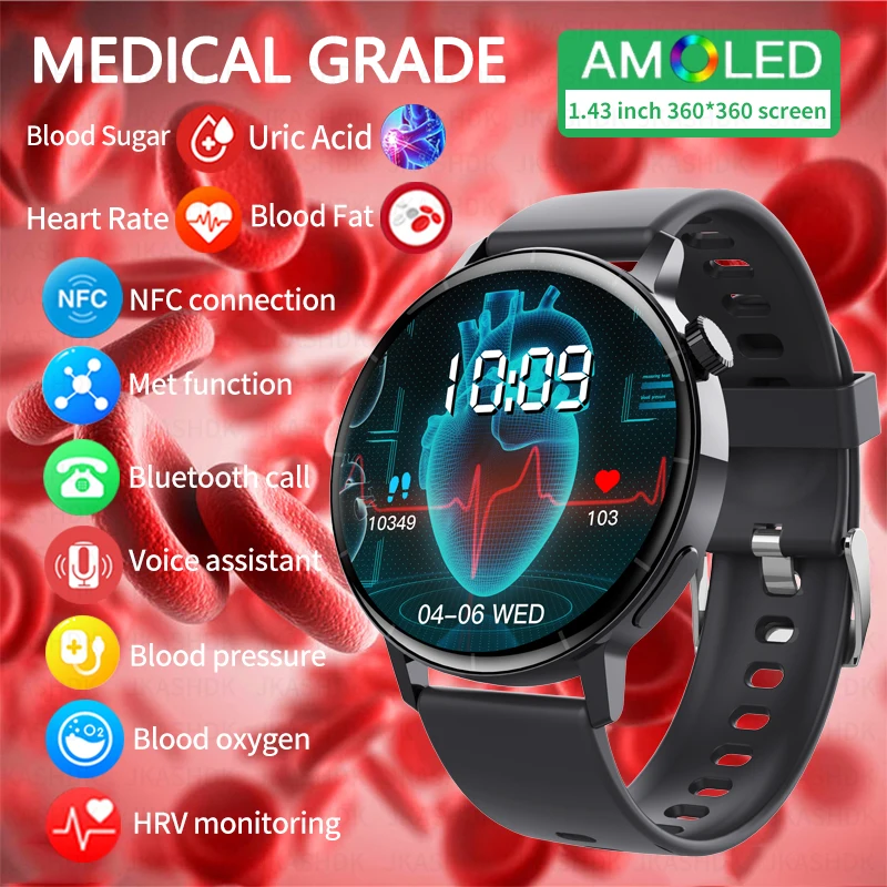 

2023 Medical Grade Smart Watch Blood Sugar Blood Lipid Uric Acid Bracelet Body Temperature Bluetooth Call Health Smartwatch NFC