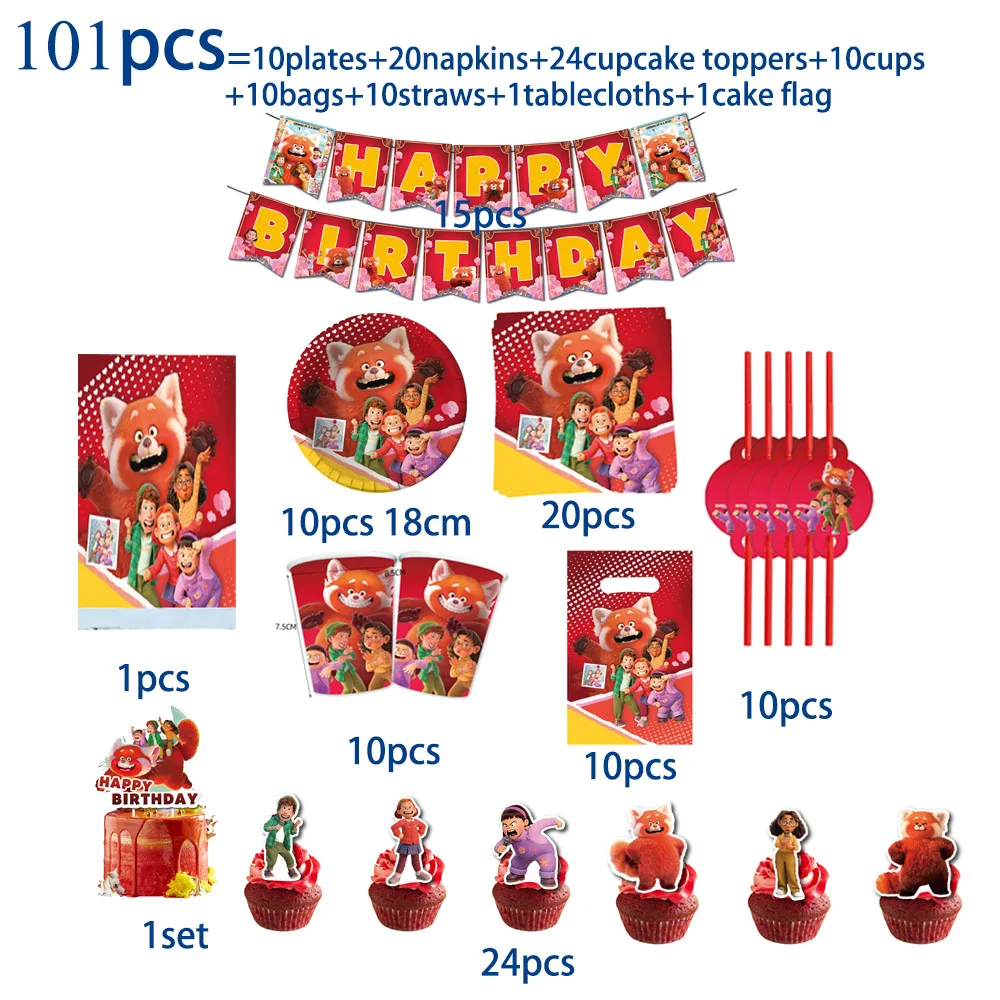 

101pcsTurning Red Disaposable Tableware Set Birthday Party Decorations Disposable Plates Cups Straws Banners Gift Bags Flags